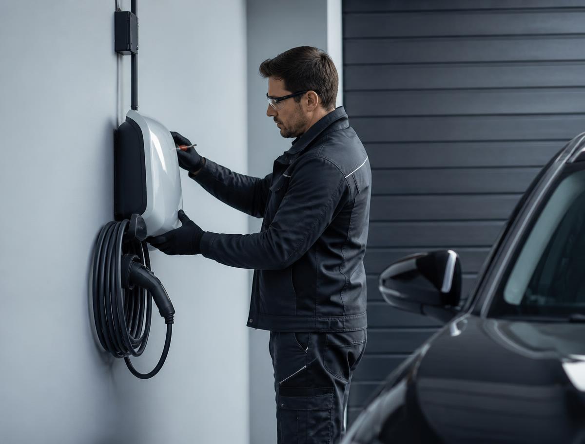 Técnico matriculado instalando un cargador de pared para vehículos eléctricos